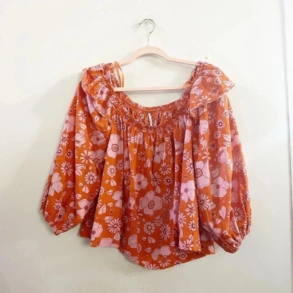 Free‎ People floral ruffled off shoulder blouse XS